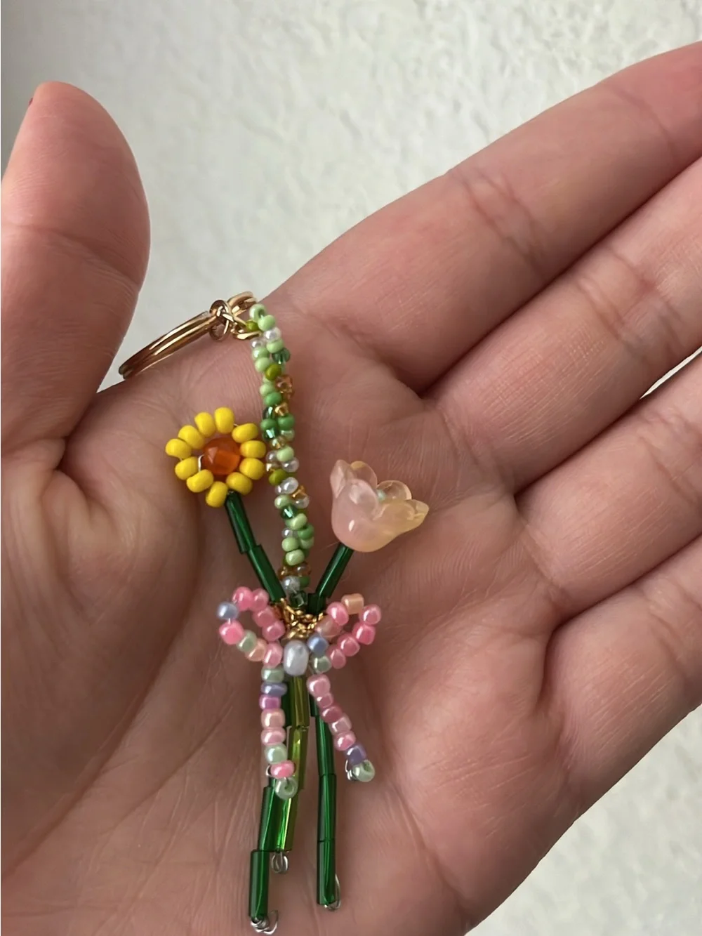 Handmade Beaded Floral Key & Card Holder - Pink, Yellow & Green
